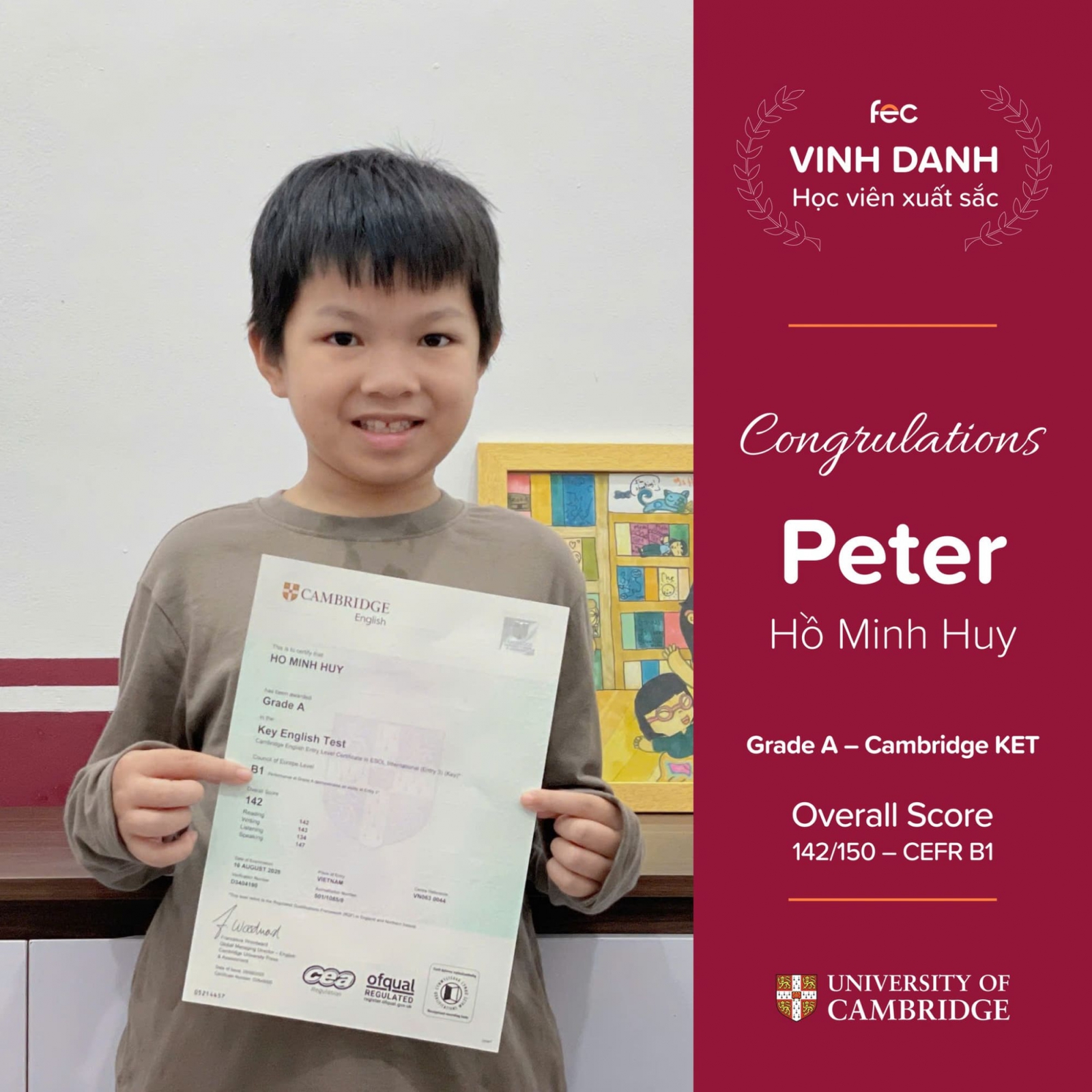 Peter Hoàng Huy đạt chứng chỉ B1 vượt chuẩn A2 CamBridge Flyer